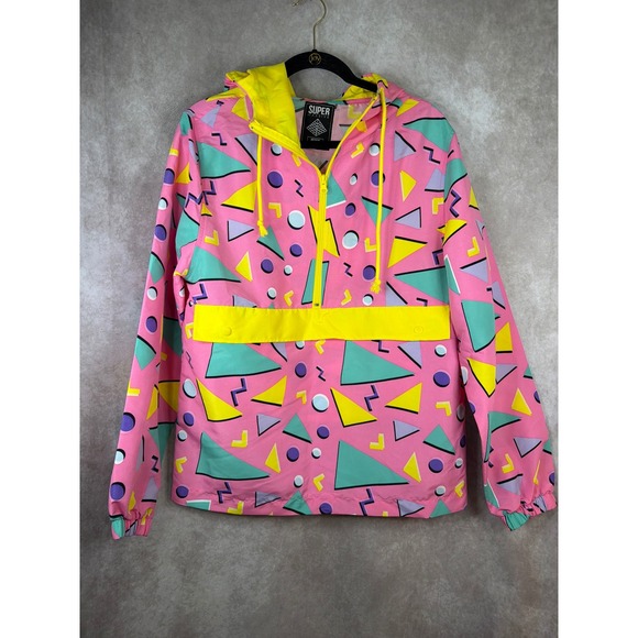 Super Massive Jackets & Blazers - Super Massive Windbreaker Womens Medium Pink 80s Geometric Retro Half Zip Hooded